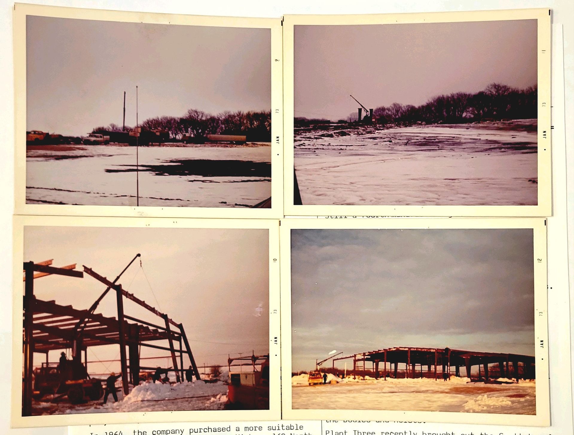 Four pictures of a building under construction in the snow