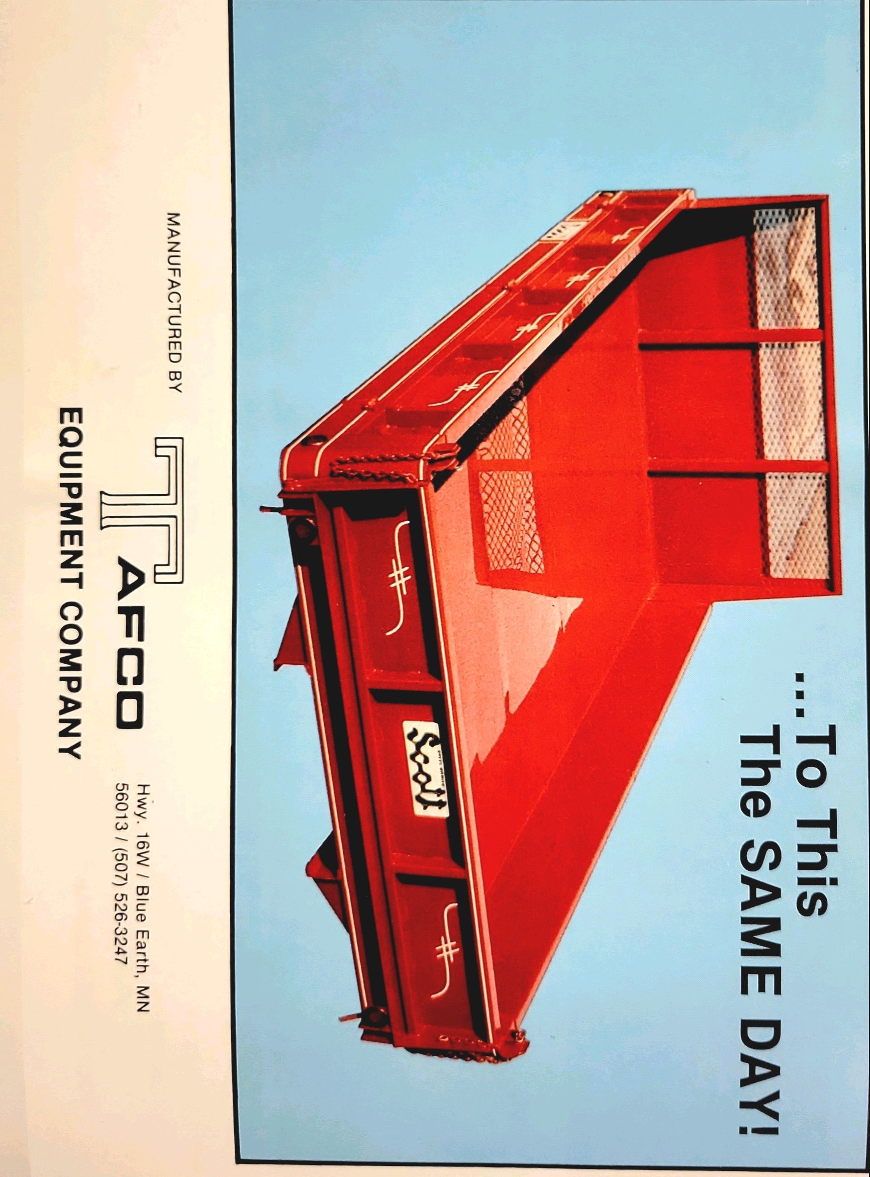 An advertisement for a dumpster from afco equipment company