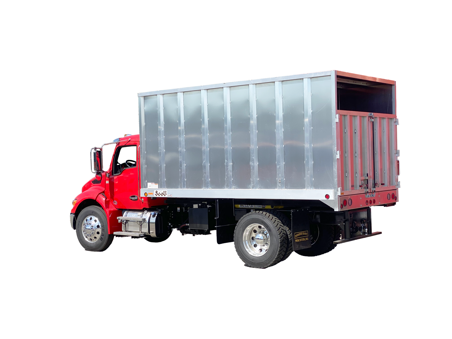 A red semi truck with a metal trailer on a white background.