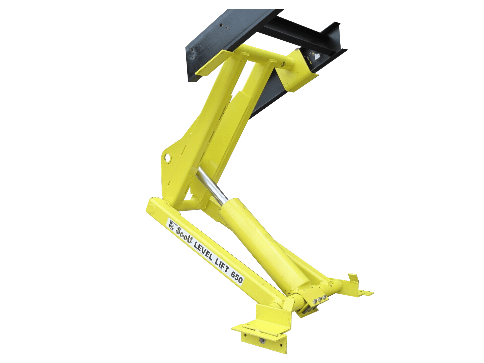 A yellow machine with a black handle on a white background.