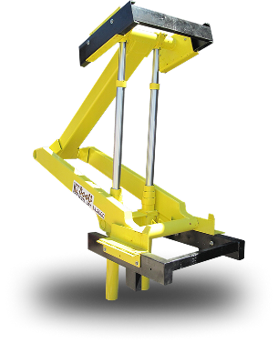 Yellow industrial lifting clamp with black jaws and silver hydraulic cylinders on a white background