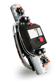 Black industrial mechanical assembly with hoses, valves, and red caps on a white background