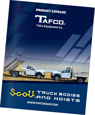 Tafco product catalog cover showing two truck bodies and hoists on a blue background