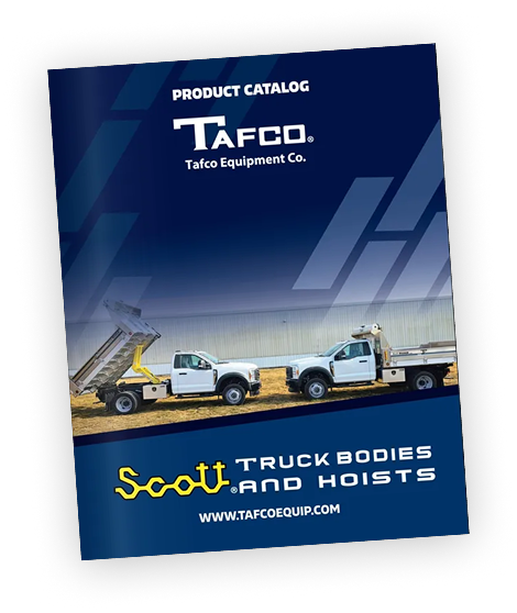 TAFCO product catalog cover with blue background and truck bodies and hoists equipment