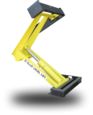 Yellow scissor lift platform raised between two black bases on a white background