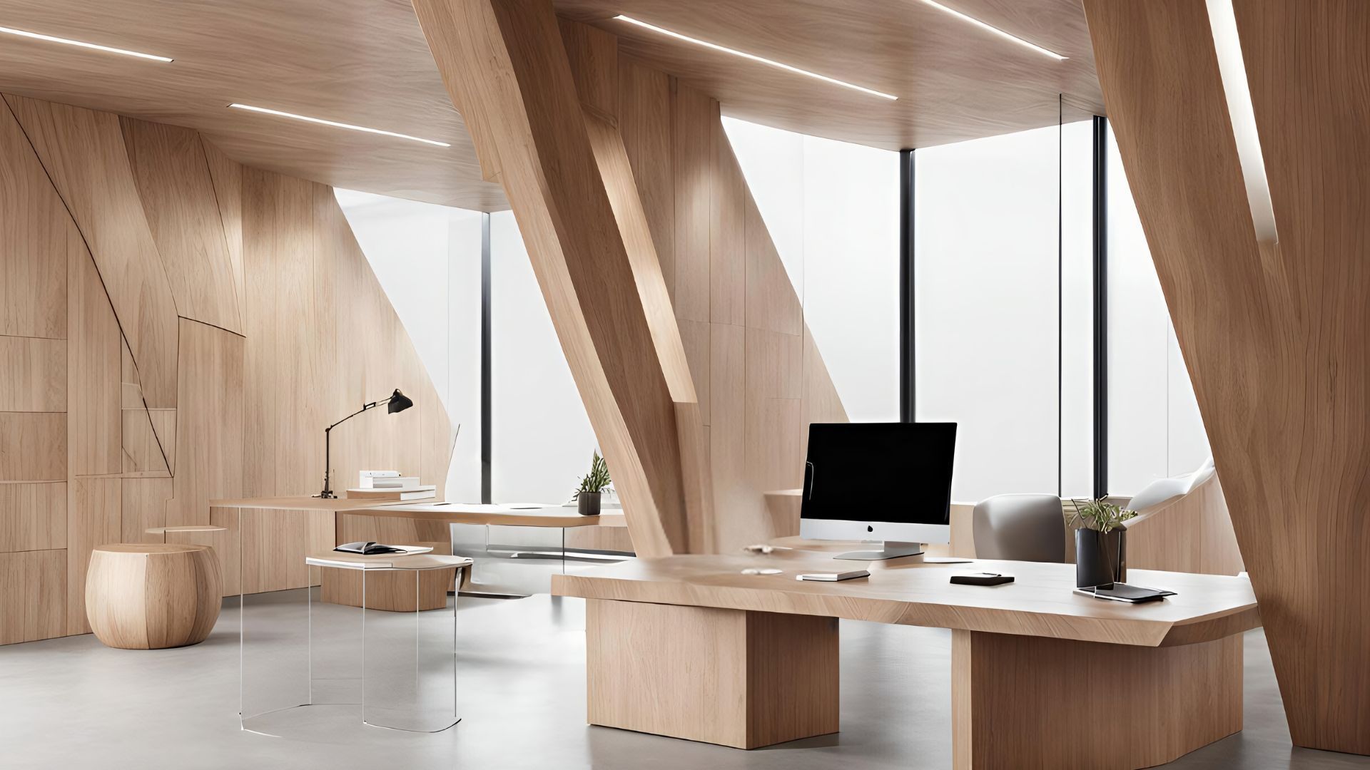 Modern minimalist office with wood-paneled walls, large windows, and a white desk with computer and lamp.