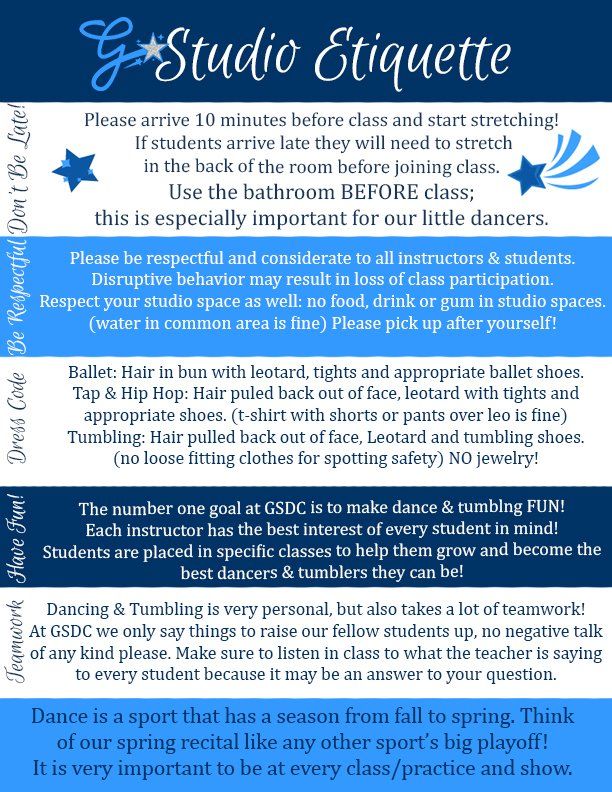 Blue “G Studio Etiquette” poster with white text and bullet-pointed studio rules for dancers