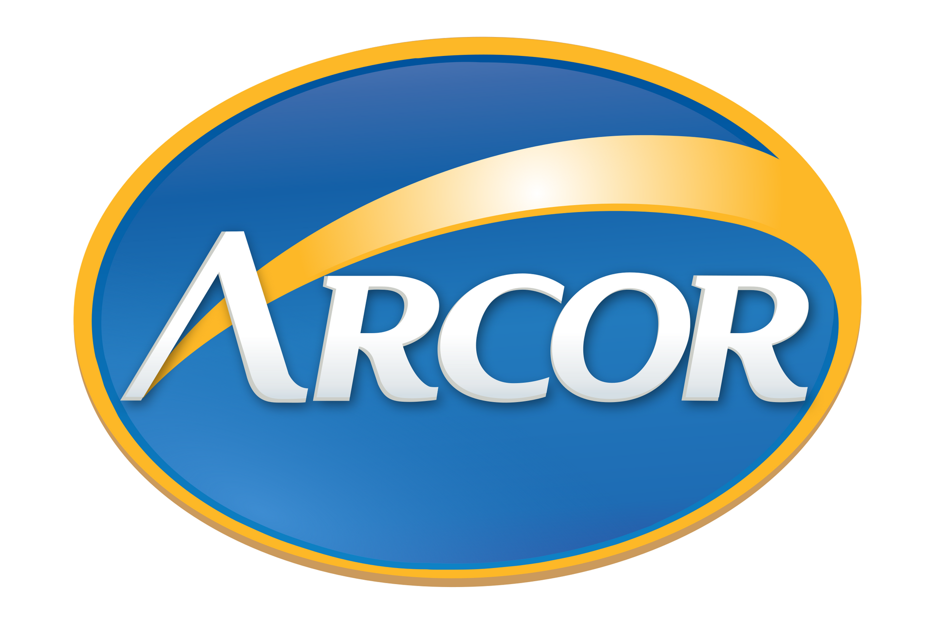 El logotipo de Arcor: texto blanco sobre un fondo ovalado azul con un arco dorado que recorre la parte superior.