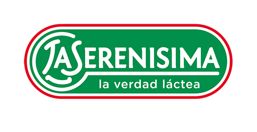 Logotipo de La Serenísima con texto blanco dentro de un rectángulo horizontal verde y redondeado con un contorno rojo.
