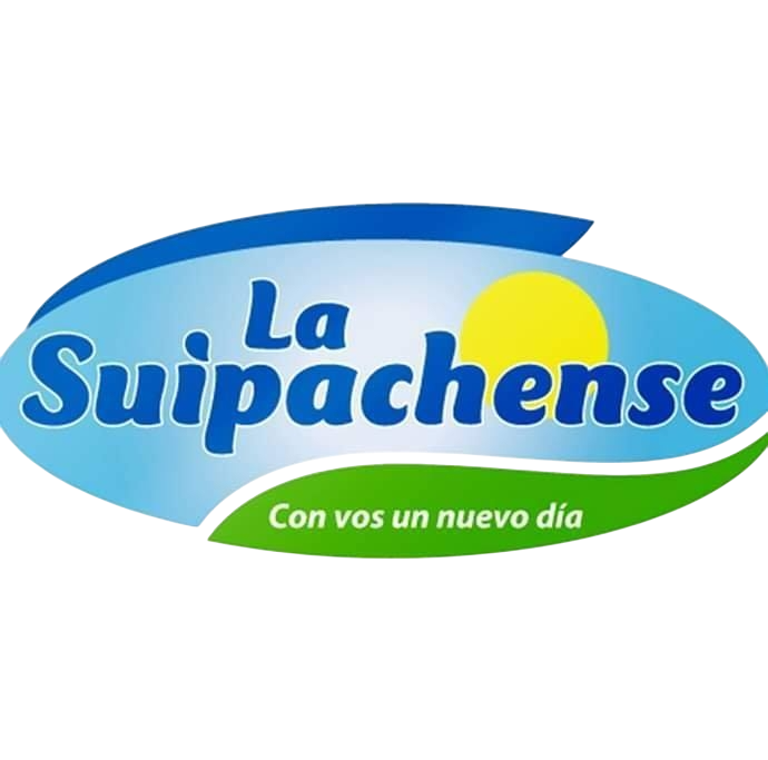 Logotipo de La Suipachense con texto azul sobre un fondo ovalado azul y verde que presenta un sol amarillo y el eslogan.