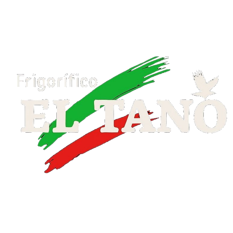 Logotipo de Frigorífico El Tano con el texto en blanco, superponiendo pinceladas verdes y rojas sobre un fondo blanco.