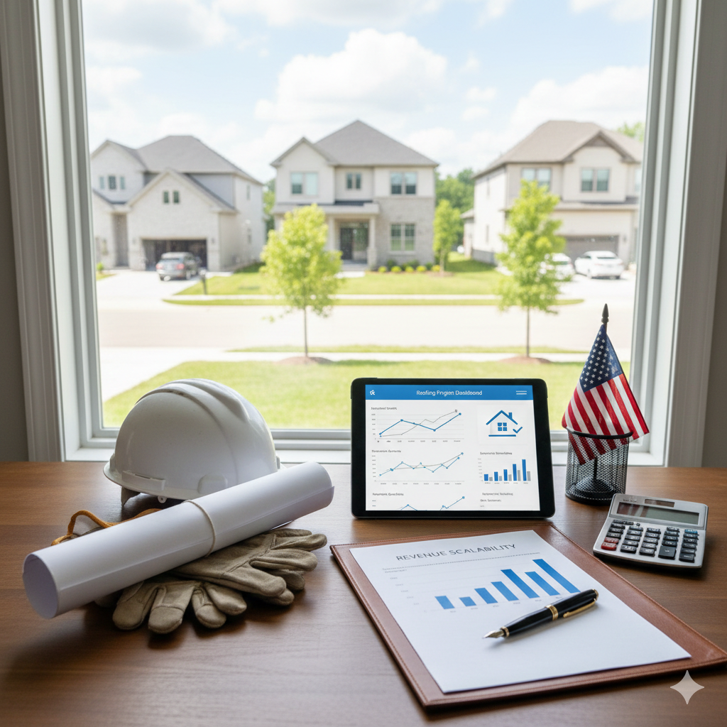 House-building desk with blueprint, hard hat, tablet charts, calculator, and homes outside the window