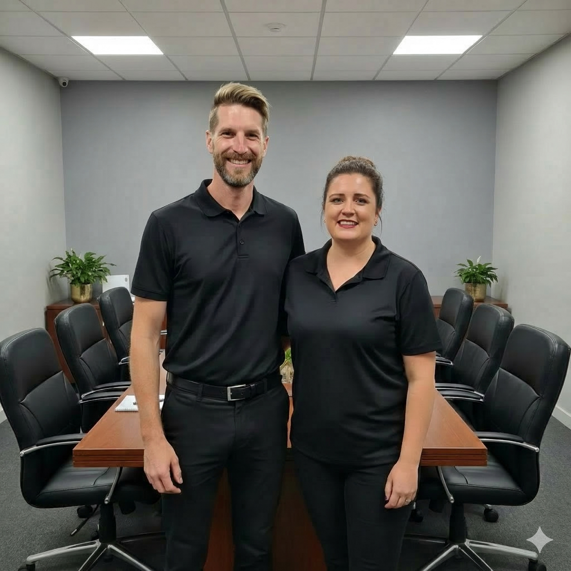 Two people in black shirts standing in a conference room beside a long table and chairs