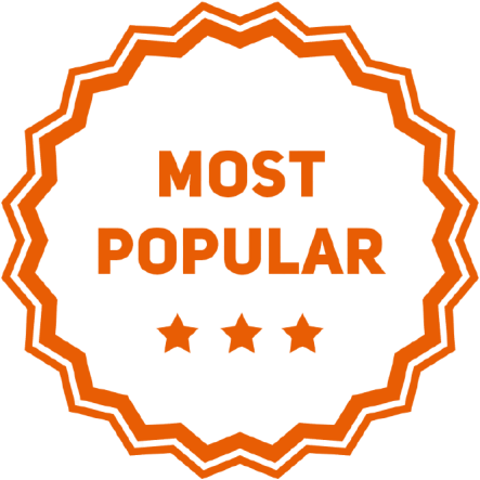 Orange badge reading “MOST POPULAR” with three stars beneath it