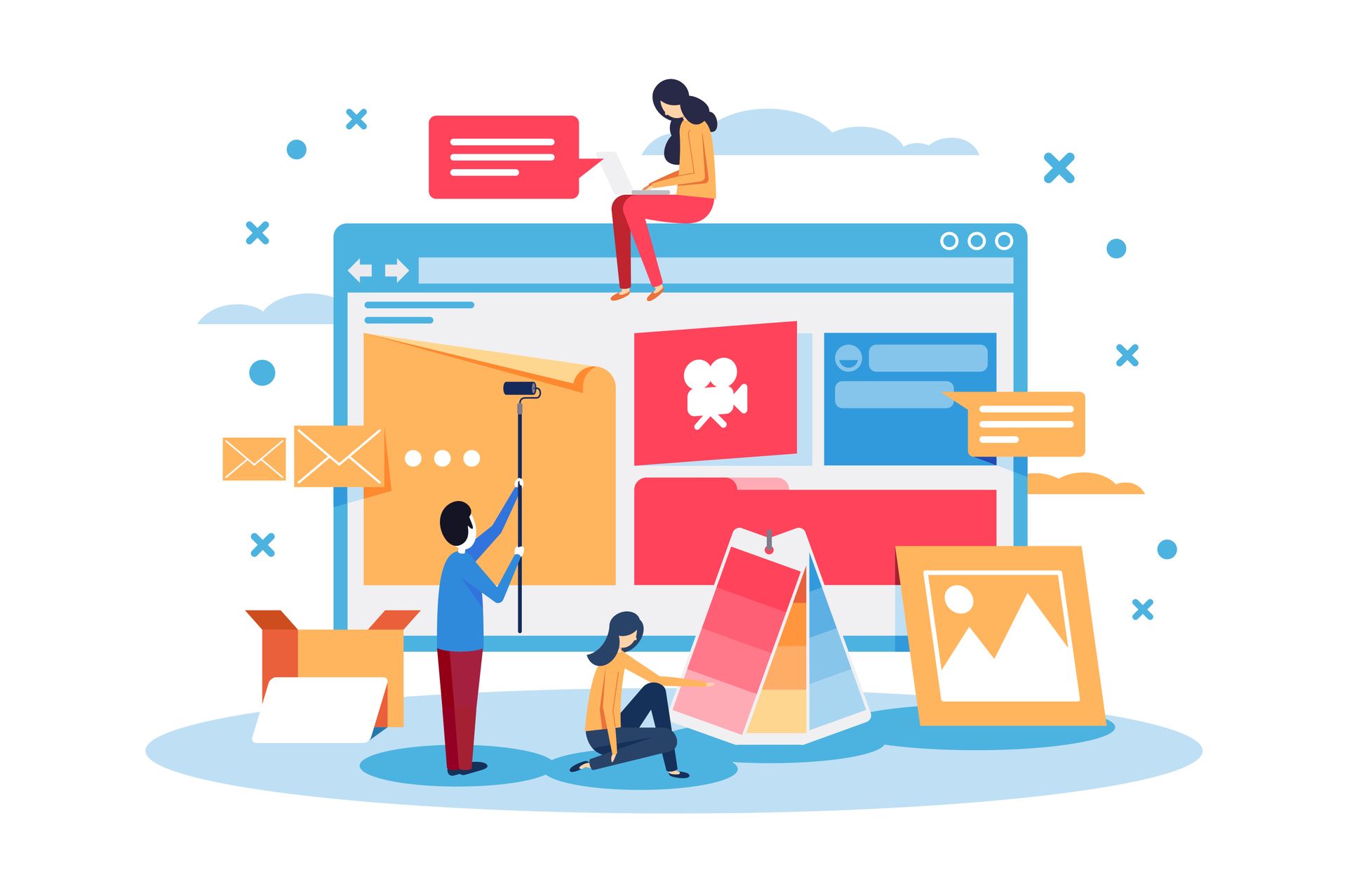 People collaborating around a colorful website design mockup with large screens and icons