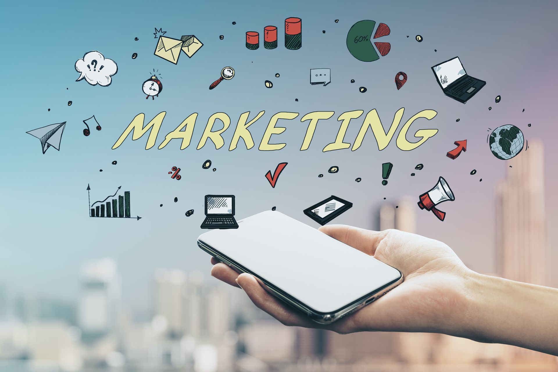 Hand holding smartphone with floating marketing icons and text over blurred city background