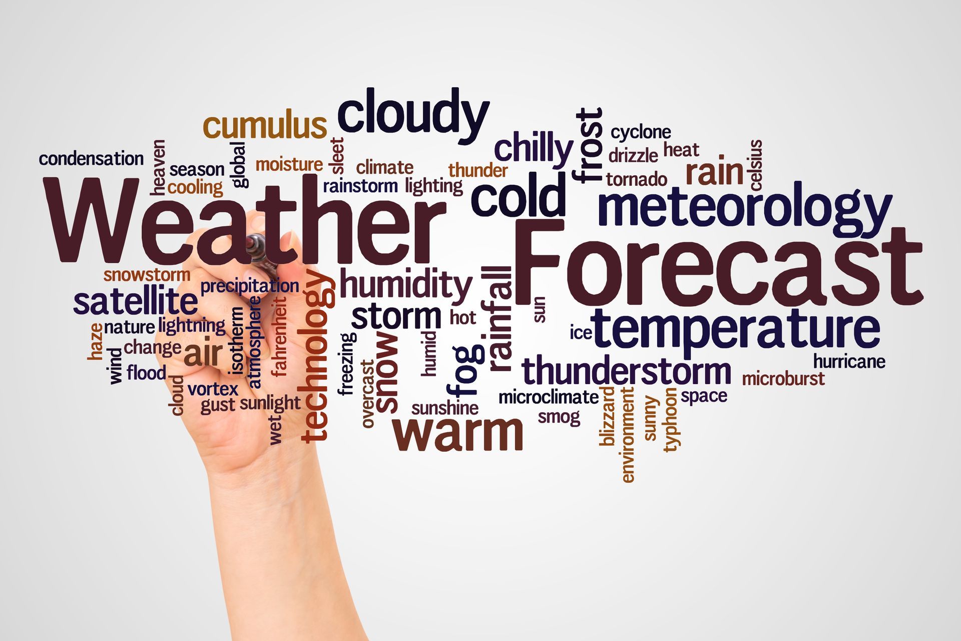 Hand holding a marker beside a colorful weather forecast word cloud on a white background