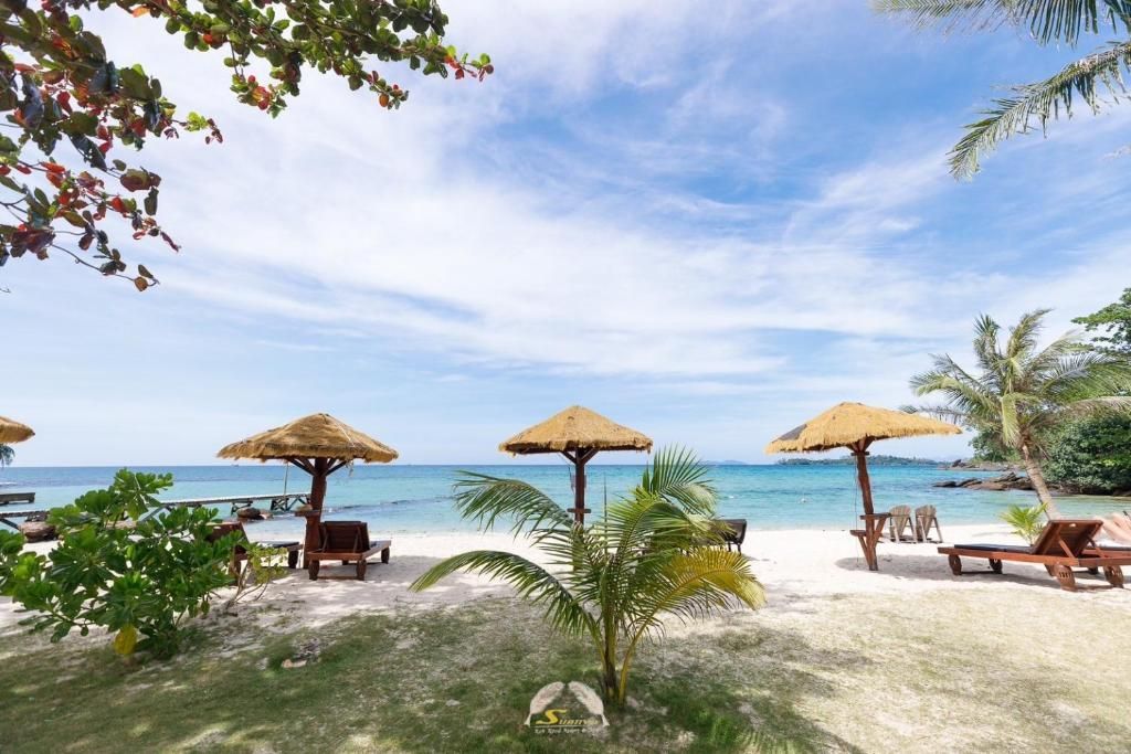 Beach scene: thatched umbrellas, lounge chairs, blue water, sky with clouds, palm trees.