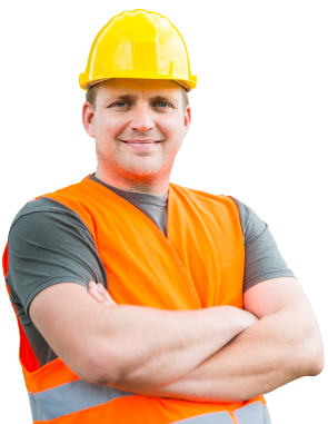 A man wearing a hard hat and an orange vest with his arms crossed