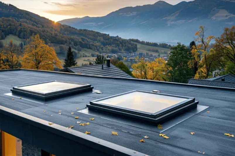 There are two skylights on the roof of a building.