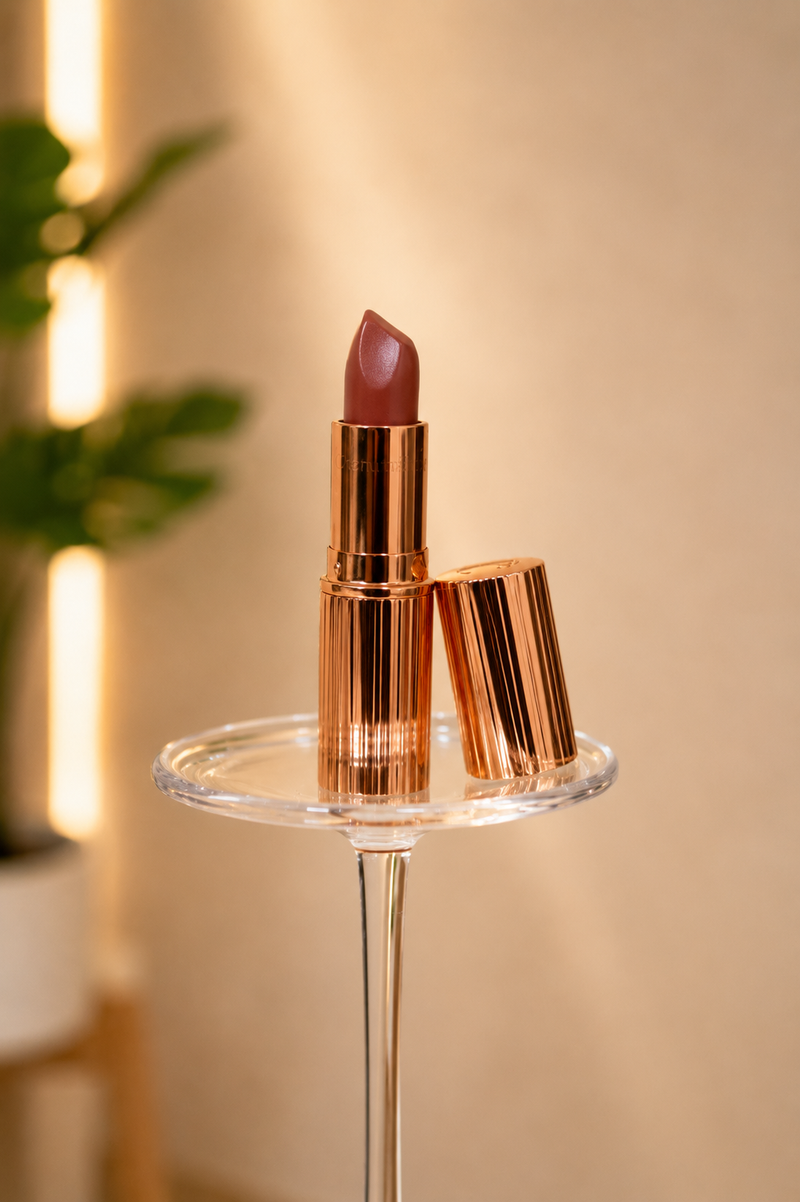 Een rode lippenstift in een gouden huls op een glazen standaard, in warm licht.