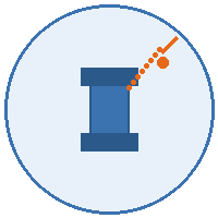 A blue spool of thread with an orange needle and thread angled towards the top right, set against a light blue circle.