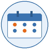 A blue calendar icon inside a circle, featuring two orange dots and four blue dots representing dates.