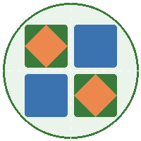 A circular icon divided into four quadrants, with blue squares in two opposite corners and green squares with orange diamonds in the other two.
