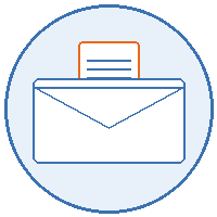 A white envelope with a document sticking out of the top, centered inside a light blue circle with a dark blue outline.