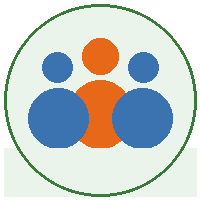 Abstract icon of three blue and one orange people inside a green circle