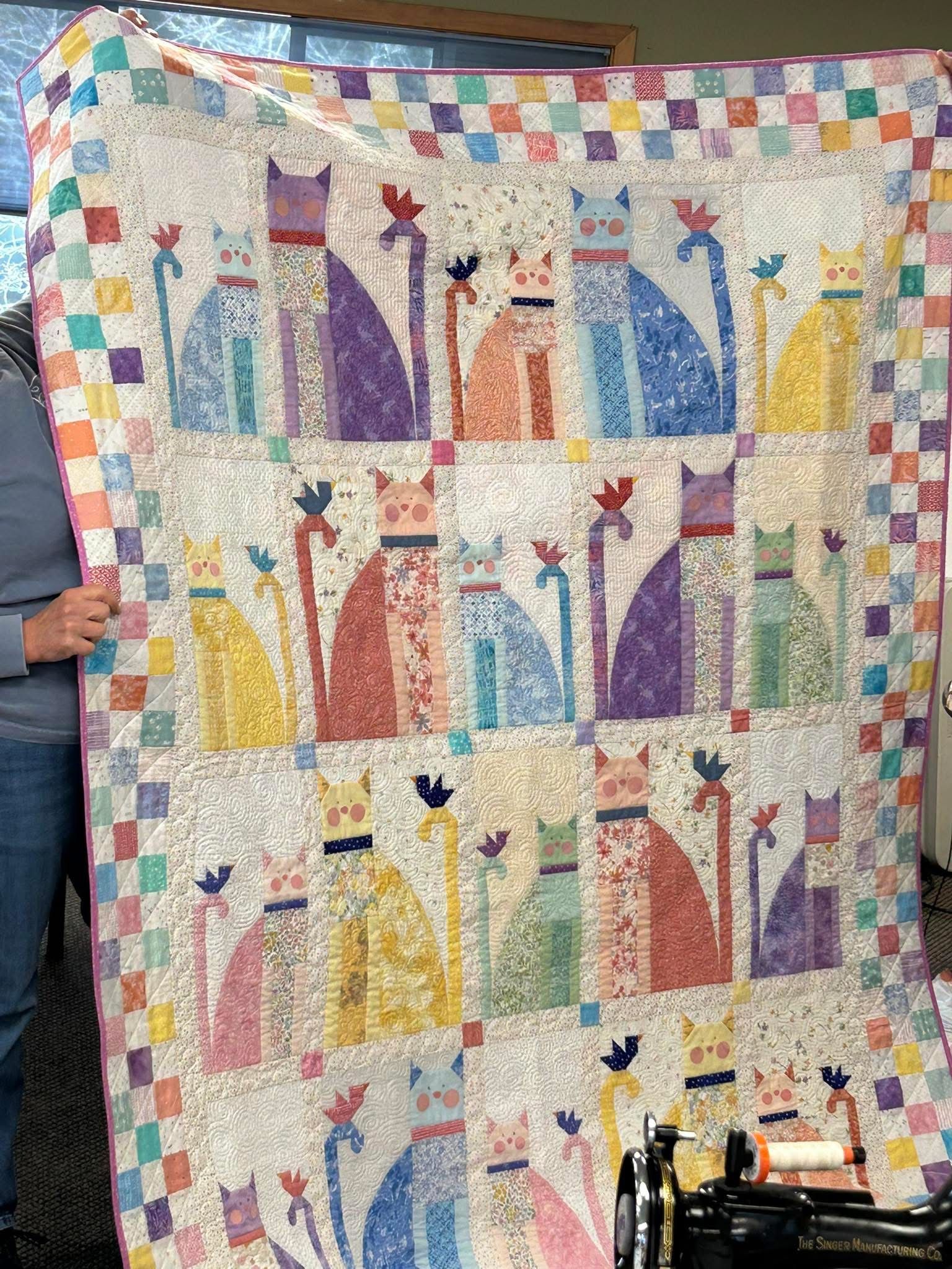 A quilt featuring a grid of colorful, patterned cat blocks, framed by a multi-colored patchwork border.