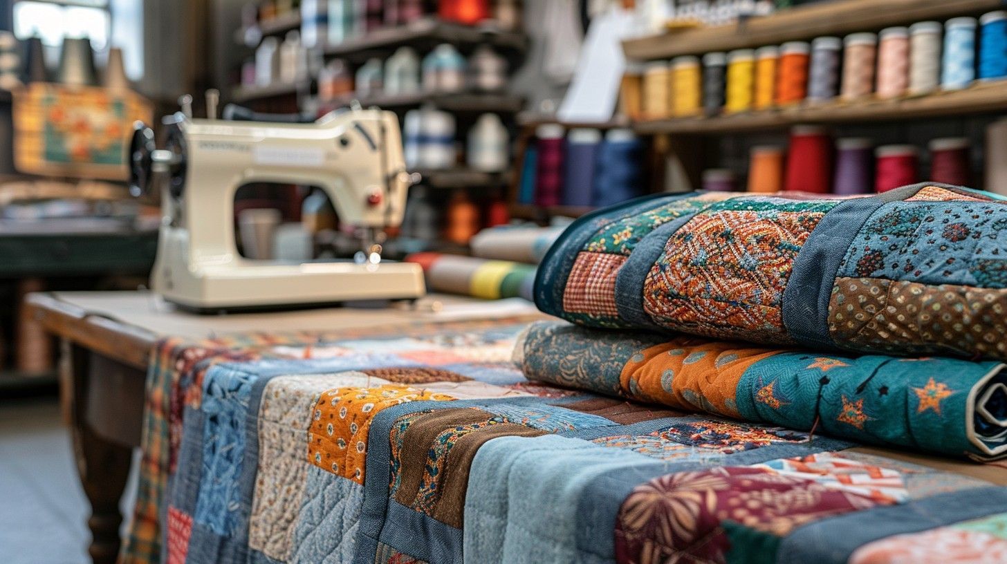 A sewing machine sits on a wooden table beside folded, colorful patchwork quilts in a craft studio with thread spools.