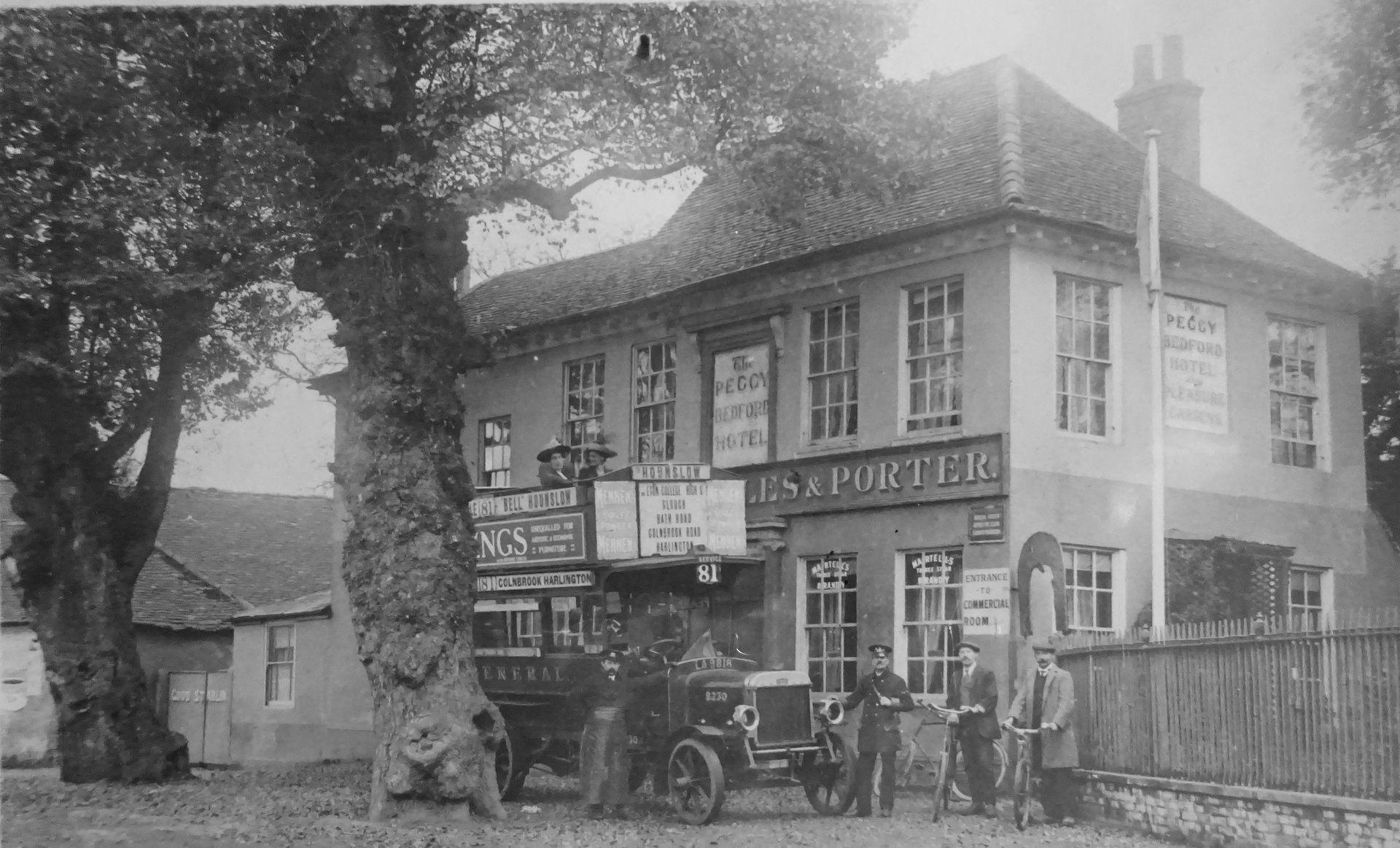 The Queen Anne extension and the first motor bus through Longford 1920. The number 81 still runs the same route through Longford from Hounslow to Slough today.