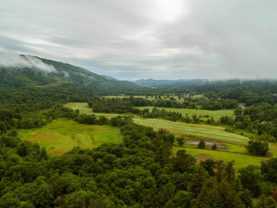 Wide angle view of of mountains and land
