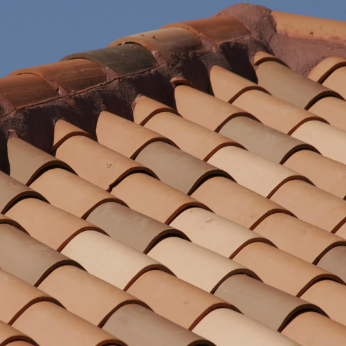 A close-up of a clay tile roof.