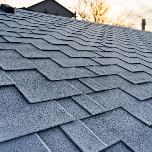 A close up of a roof with asphalt shingles on it.