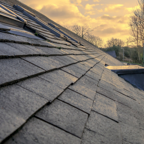 A side view of a slate roof.