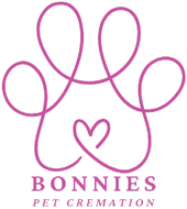 Green line art paw print with heart, "Bonnies Pet Cremation" on tan background.