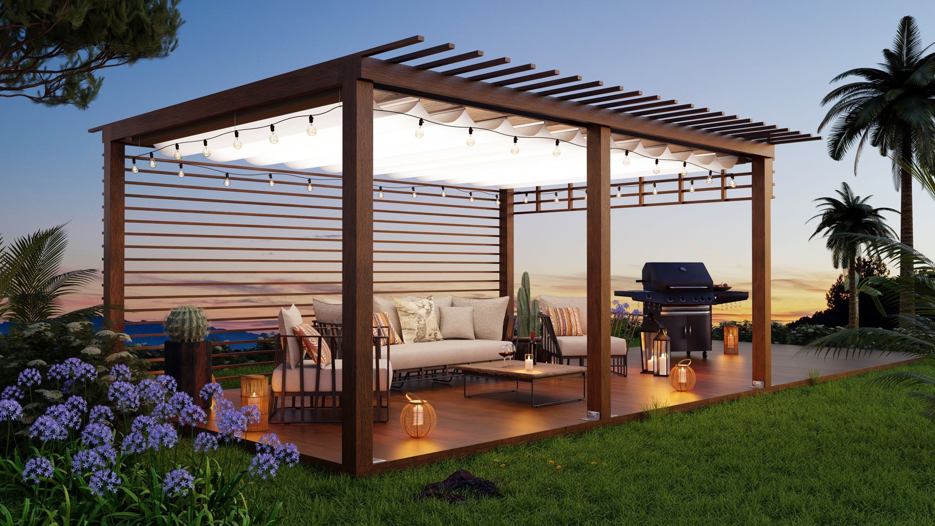 A wooden pergola with a couch , table , chairs and a grill.