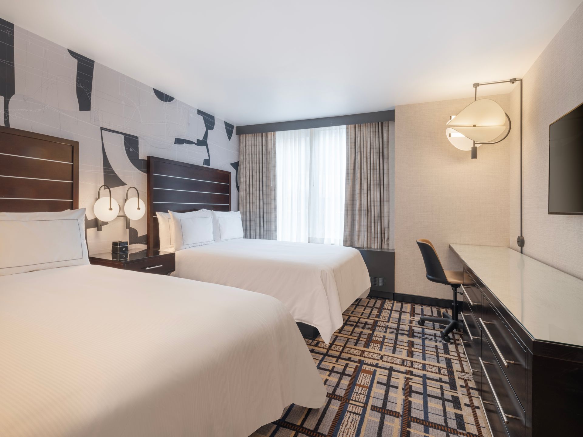 Hilton New York Fashion District renovated guest room fabric swatch headboard fashion-inspired design by Gensler