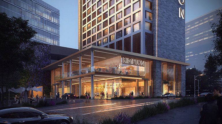Kimpton Claret Hotel Denver Colorado opened July 2024 190 rooms 19th floor Halo Rooftop Bar Rocky Mountain views Saverina Italian restaurant Belleview Station