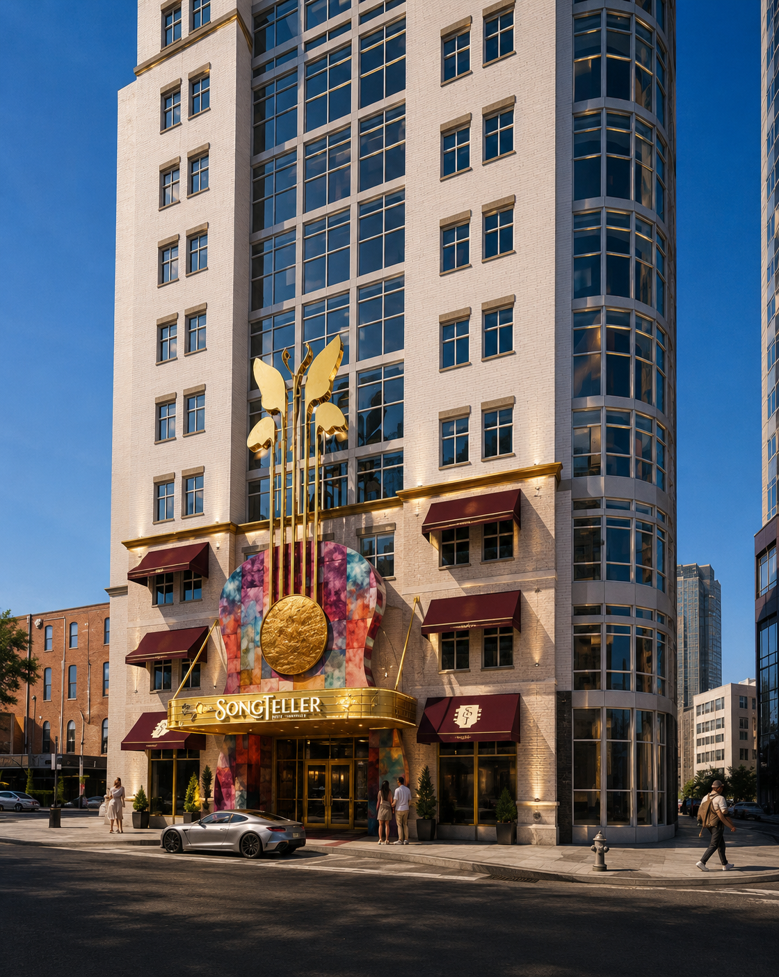Dolly Parton's SongTeller Hotel exterior with guitar-shaped entryway in downtown Nashville Tennessee
