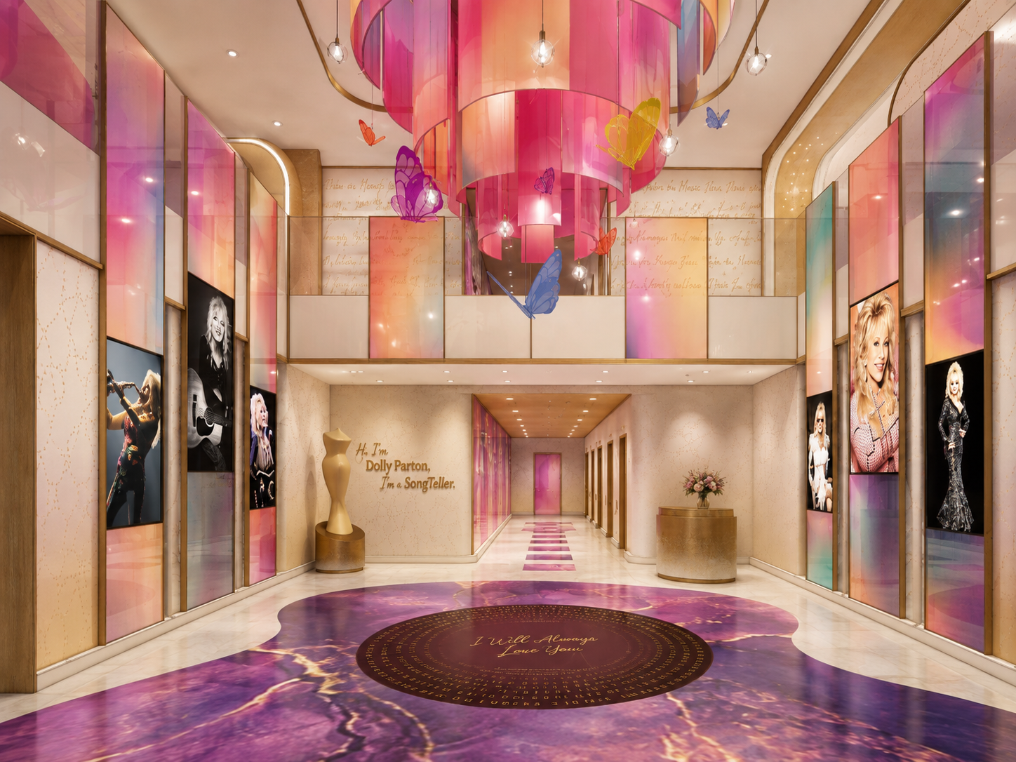 The Listening Lobby at Dolly Parton's SongTeller Hotel with gilded ceiling in Nashville Tennessee