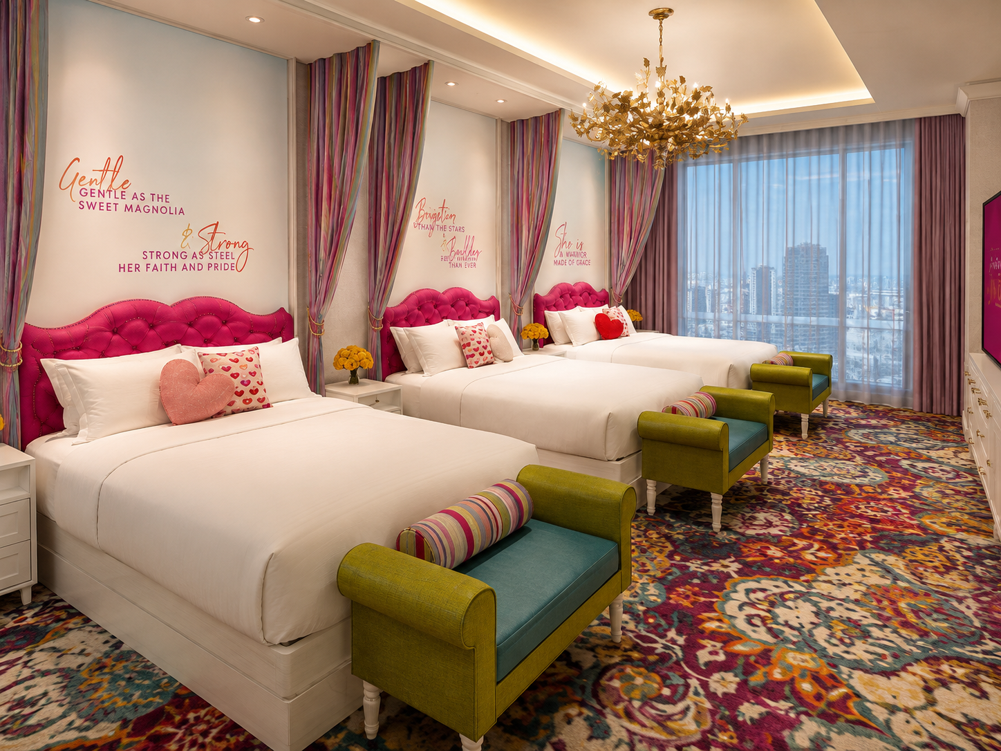 Guest room at Dolly Parton's SongTeller Hotel with music-themed design in Nashville Tennessee