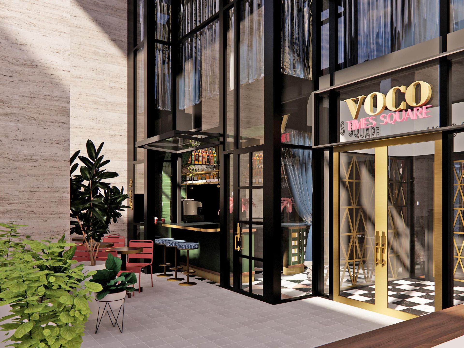 voco Times Square Broadway by IHG 32-story hotel at Seventh Avenue and West 48th Street with rooftop over Times Square