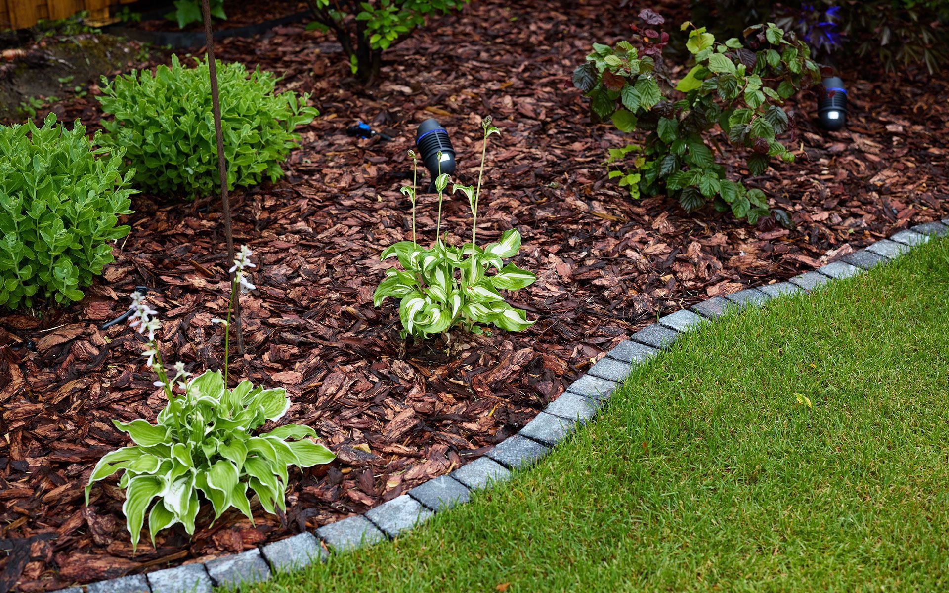 A flower bed with mulch, bordered by gray stones, with green plants and grass.