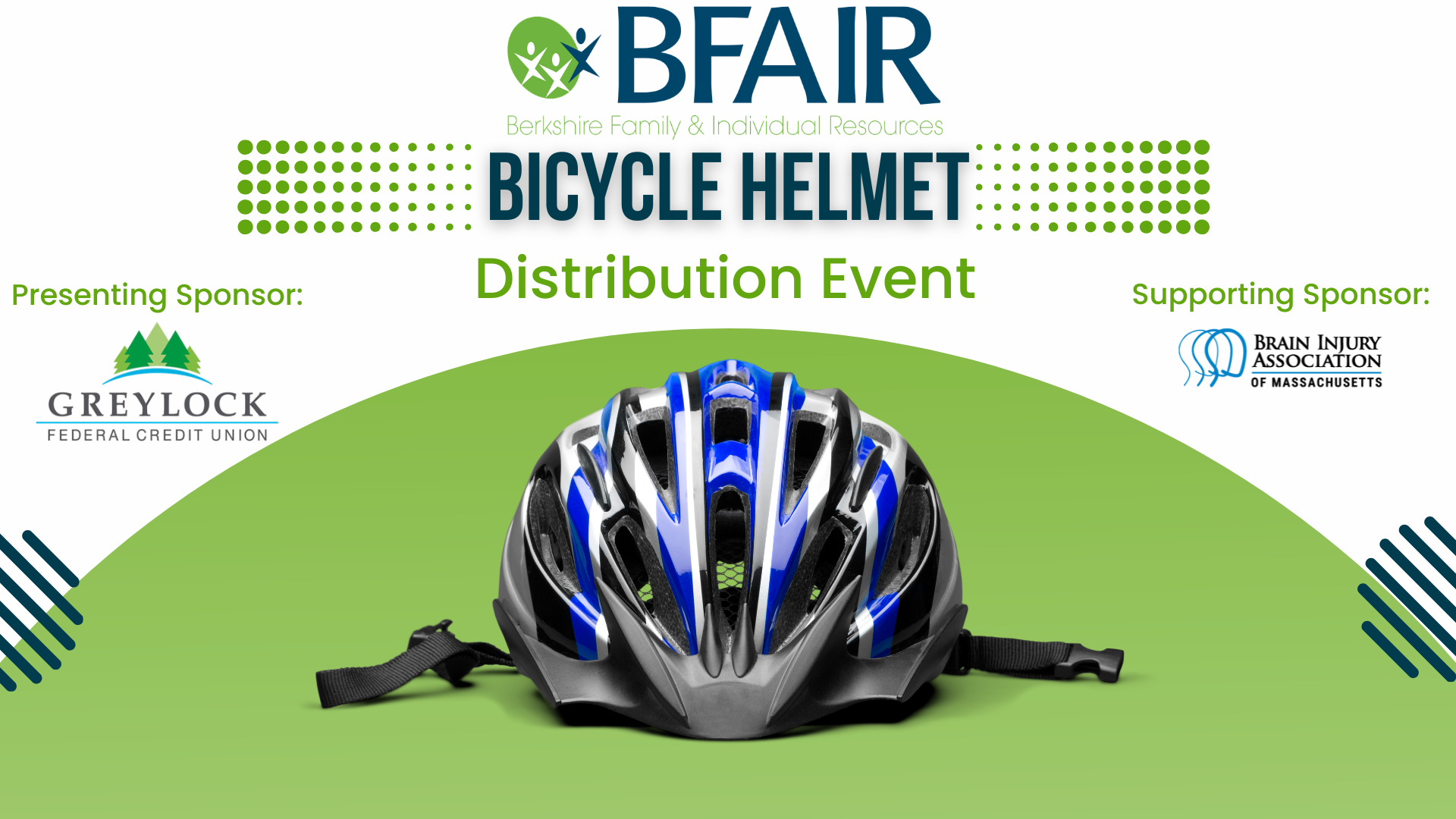 A lblue and green graphic with helmet distribution written on it with the BFAIR's logo