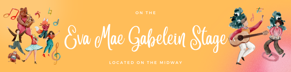 A banner for eva mac gabelein stage shows a group of people dancing and playing instruments.