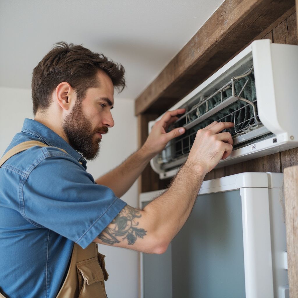 Man in work clothes inspecting an air conditioning unit; indoor setting.