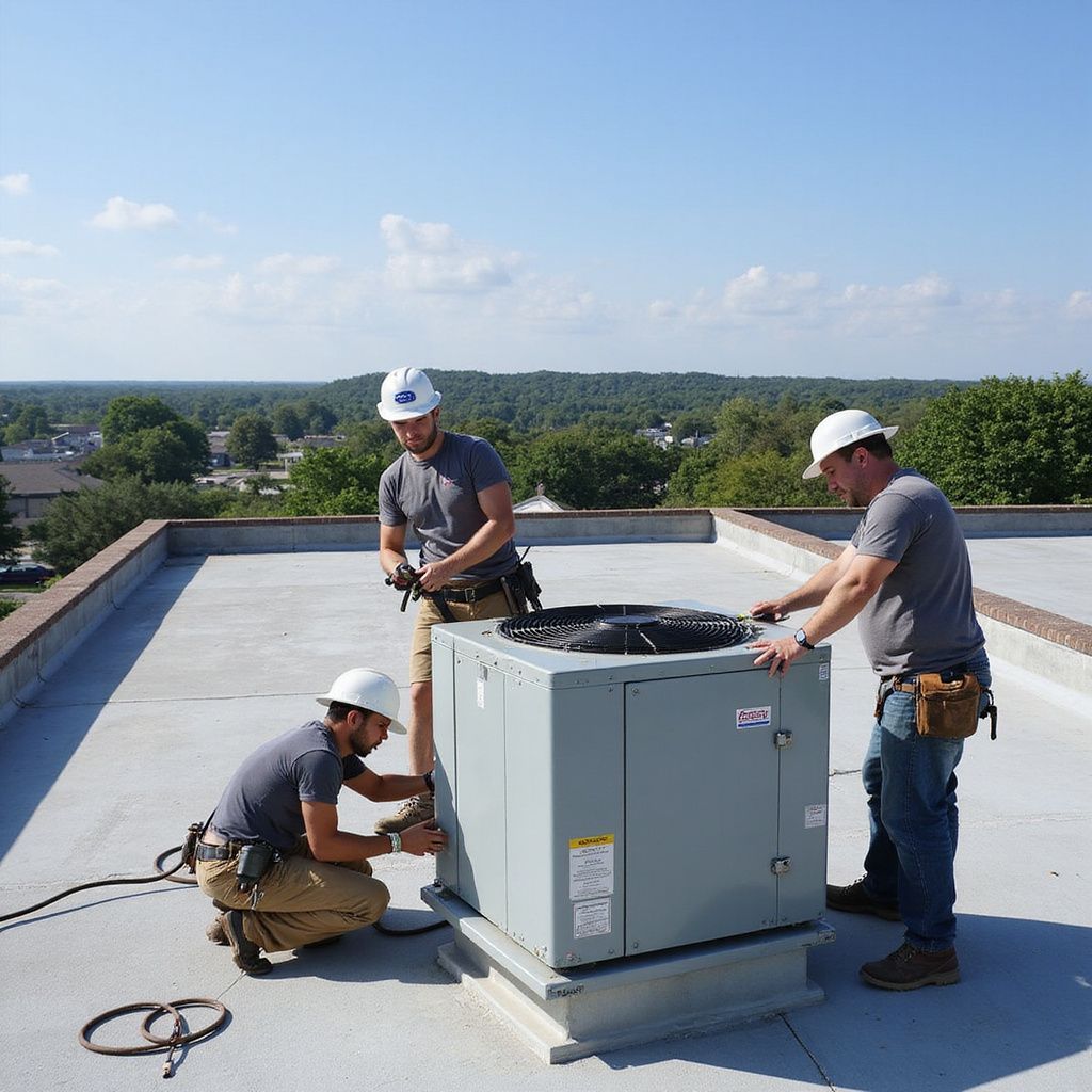 Three HVAC technicians on a rooftop installing an air conditioning unit on a sunny day.
